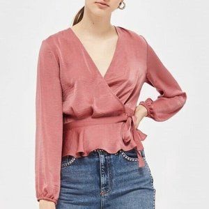 Topshop Women's Blouson Sleeve Wrap Blouse Pink Satin Size US 2 EUR 34
